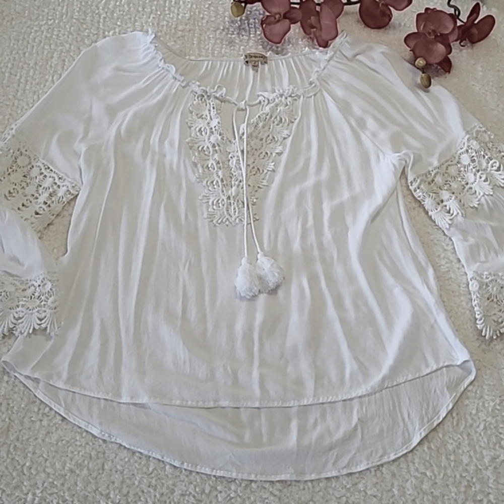 Democracy Blouse Elegant White Lace Crochet Trim Top Bell Sleeve Tassel Tie Larg - Picture 3 of 12